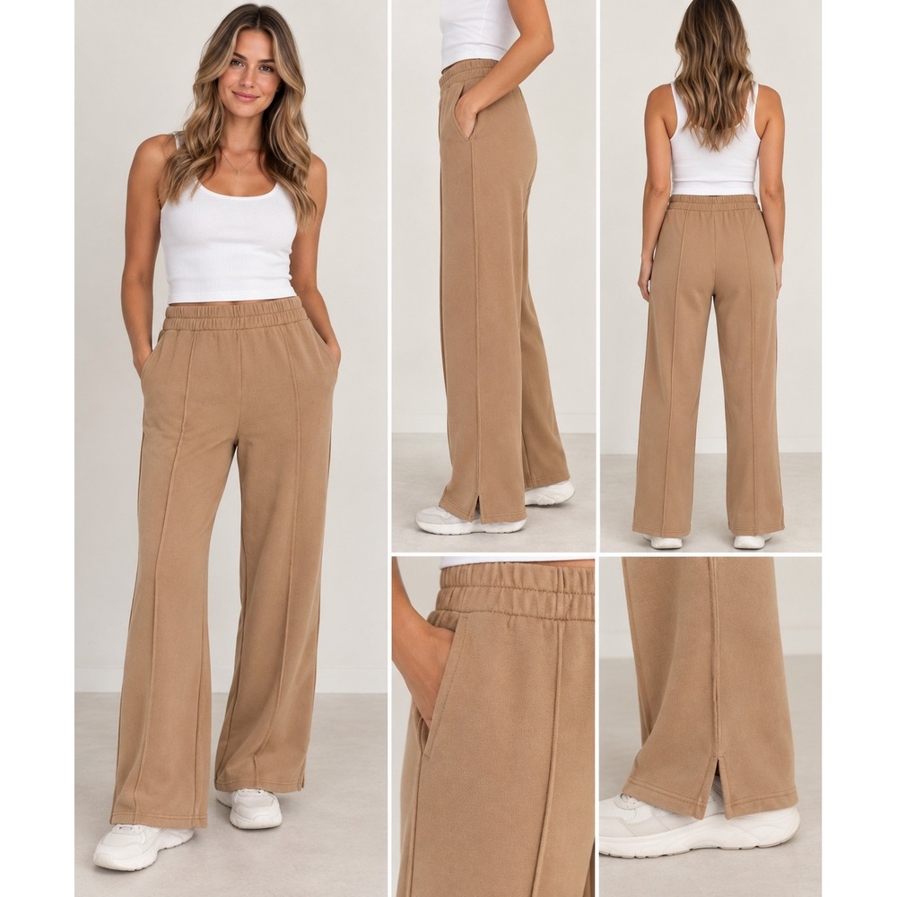 Aerie Women Camel Tan High Waisted Wide Leg Pintuck Sweatpants Size S Fall Cozy